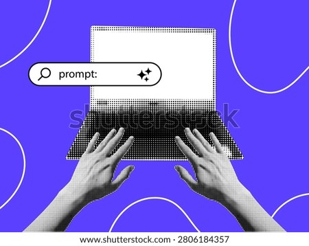 Vector halftone collage laptop banner with typing hand and search bar prompt on purple background. Contemporary halftone collage pop cutout ai prompt concept sticker design.