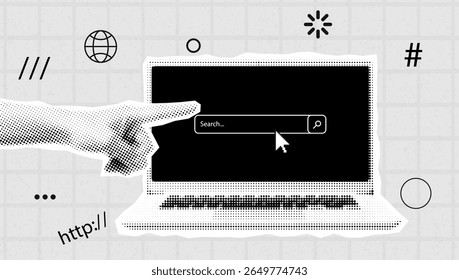 Vector halftone compositie met de hand wijzend op laptop en zoekinterface