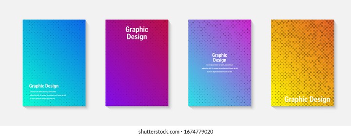 Vector halftone cover design templates. Layout set for covers of books, albums, notebooks, reports, magazines. Dot halftone gradient effect, modern abstract design. Geometric mock-up texture