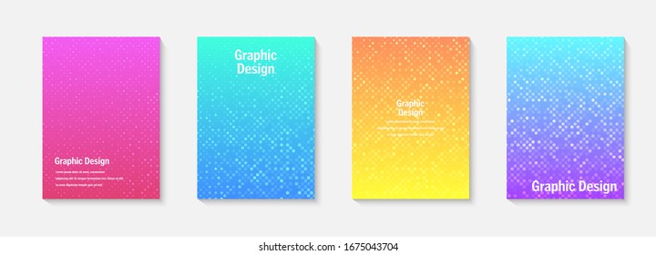 Vector halftone cover design templates. Layout set for covers of books, albums, notebooks, reports, magazines. Dot halftone gradient effect, modern abstract design. Geometric mock-up texture