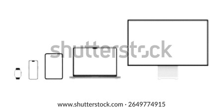 Vector halftone device silhouettes set: smartwatch, smartphone, tablet, laptop, monitor isolated on white