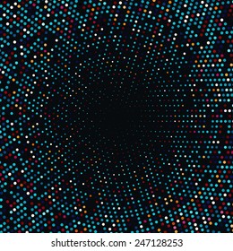Vector halftone dots background. Colored dots on black background.