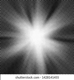 Vector halftone dots background, fading dot effect, light source with rays