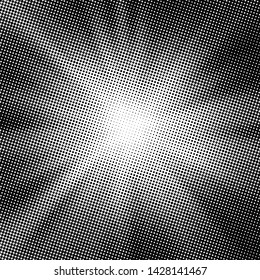 Vector halftone dots background, fading dot effect, light source with rays