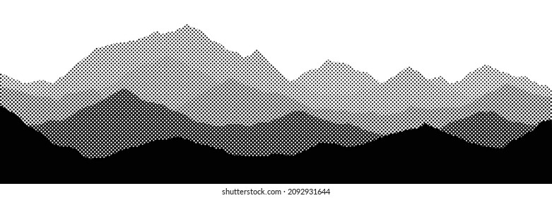 Fondo de puntos de semitono vectorial, efecto de punto atenuado. Imitación de un paisaje montañoso, pancartas, tonos grises. 