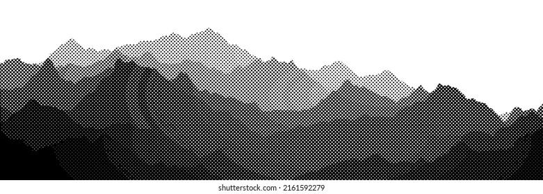 Vector halftone dots background  fading dot effect  Imitation mountain landscape  banner  shades gray  