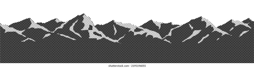 Vector halftone dots background, fading dot effect. Imitation of a mountain landscape, banner, shades of gray.