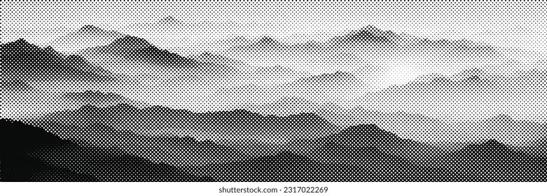 Vector halftone dots background, fading dot effect. Imitation of a mountain landscape, banner, shades of gray. 