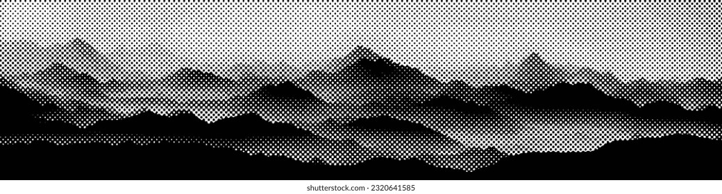 Vektor-Halftone-Punkte-Hintergrund, verblasster Punkteeffekt. Nachahmung einer Berglandschaft, Banner, Grautönen. 