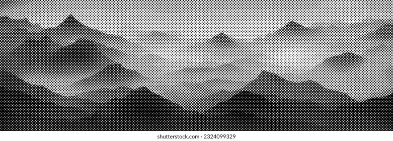 Vektor-Halftone-Punkte-Hintergrund, verblasster Punkteeffekt. Nachahmung einer Berglandschaft, Banner, Grautönen. 