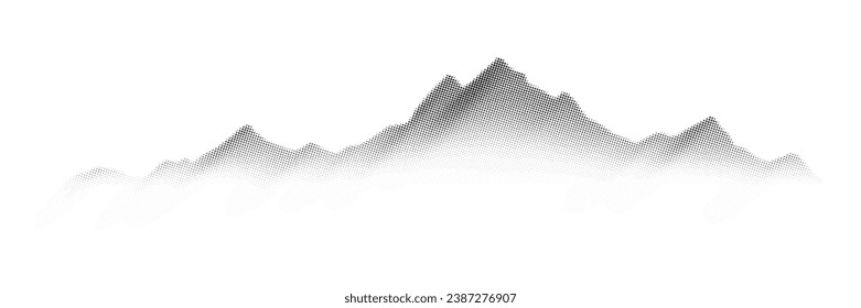 Fondo de puntos de semitono vectorial, efecto de punto atenuado. Imitación de un paisaje montañoso, pancartas, tonos grises. 