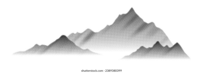 Vector halftone dots background, fading dot effect. Imitation of a mountain landscape, banner, shades of gray. 