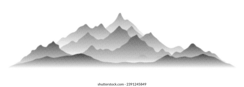 Vector halftone dots background, fading dot effect. Imitation of a mountain landscape, banner, shades of gray. 
