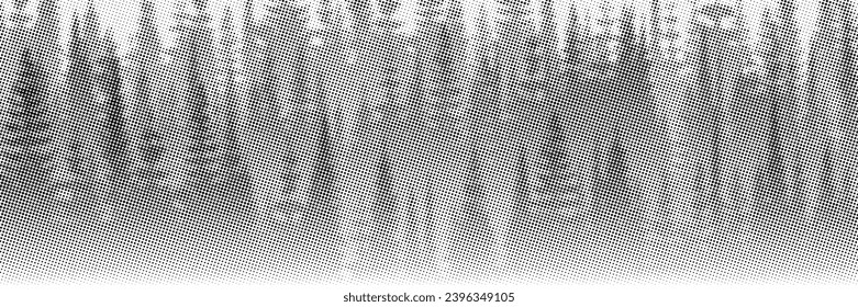 Vector halftone dots background, fading dot effect, coniferous forest, banner, shades of gray 