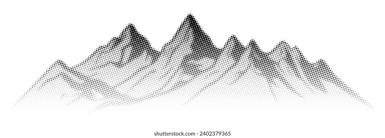 Fondo de puntos de semitono vectorial, efecto de punto atenuado. Imitación de un paisaje montañoso, pancartas, tonos grises. 