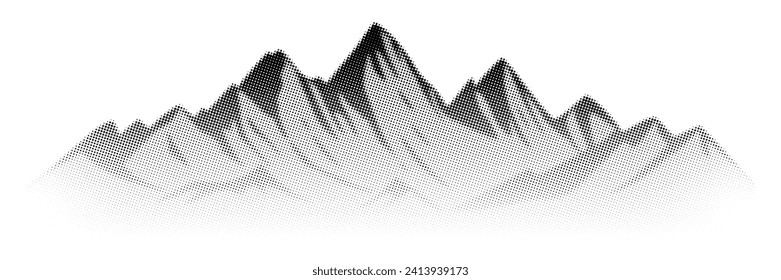 Vector halftone dots background, fading dot effect. Imitation of a mountain landscape, banner, shades of gray. 