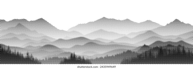 Vector halftone dots background, fading dot effect. Imitation of a mountain landscape, banner, shades of gray. 