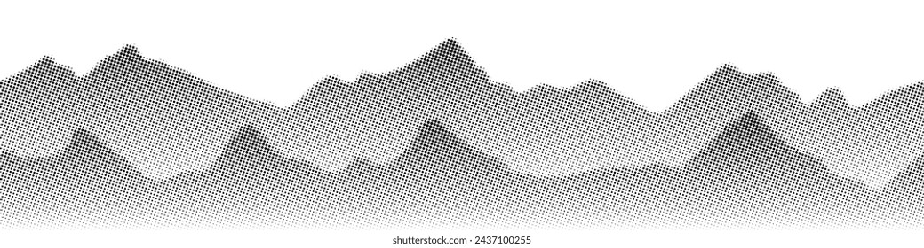 Vector halftone dots background, fading dot effect. Imitation of a mountain landscape, banner, shades of gray. 