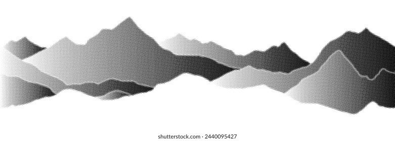 Vector halftone dots background, fading dot effect. Imitation of a mountain landscape, banner, shades of gray. 