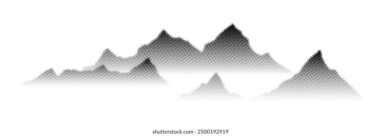 Vector halftone dots background, fading dot effect. Imitation of a mountain landscape, banner, shades of gray. 