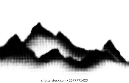 Fondo de puntos de semitono de Vector, efecto de punto de desvanecimiento. Imitación de un paisaje montañoso, Anuncio, tonos de gris.