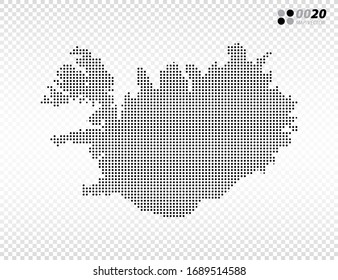 Los puntos de medio tono vectorial son negros en el mapa de Islandia. en fondo transparente. Organizado en capas para una edición sencilla.