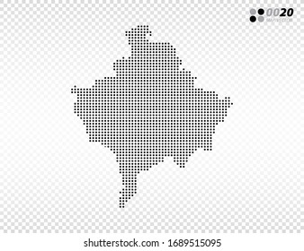 Los puntos de medio tono del vector son negros en el mapa de Kosovo. en fondo transparente. Organizado en capas para una edición sencilla.