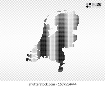 Los puntos de medio tono vectorial son negros en el mapa de Holanda. en fondo transparente. Organizado en capas para una edición sencilla.