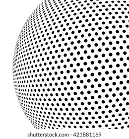 Vector halftone dots. Black dots on white background. Halftone effect vector background. 3d globe. Vector sphere. Dots on globe background