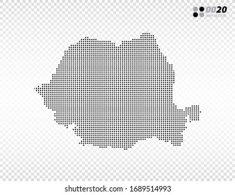 Los puntos de semitono vectorial son negros en el mapa de Rumania. en fondo transparente. Organizado en capas para una edición sencilla.