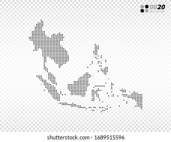 Mapa de puntos de medio tono vectorial del Sudeste Asiático. en fondo transparente. Organizado en capas para una edición sencilla.