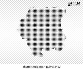 Los puntos de semitono vectorial son negros en el mapa de Surinam. en fondo transparente. Organizado en capas para una edición sencilla.