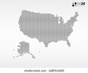 Vector halftone dots black of United States of America (USA) map. on transparent background. Organized in layers for easy editing.