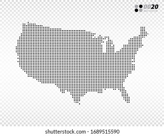 Vector halftone dots black of United States of America (USA) map. on transparent background. Organized in layers for easy editing.