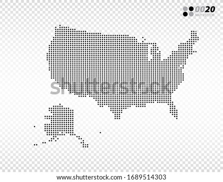 Vector halftone dots black of United States of America (USA) map. on transparent background. Organized in layers for easy editing.