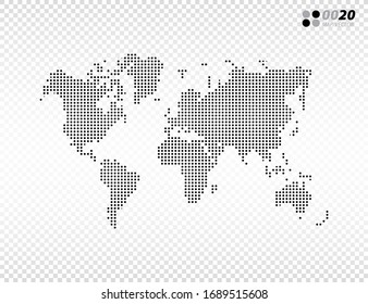 Vector halftone dots black of World map. on transparent background. Organized in layers for easy editing.