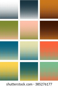 Vector halftone dots. Different colors of dots on different color background. Set of dotted background, bundle, collection.