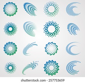 Vector Halftone Dots Logo Design Template. Spiral Shape Cycle Creative Symbols. Sphere Icon Collection. 