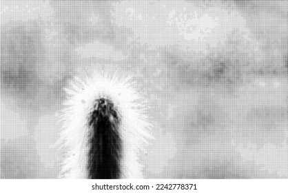 Vector halftone dotted image of a silhouette of a needle and fluffy columnar (phallic) cactus against the background of window glass against the sun.  Space for copy text.  