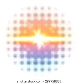 Vector halftone dotted mosaic with sun flares and bokeh