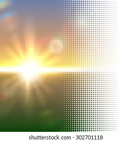 Vector halftone dotted mosaic with sun flares and bokeh