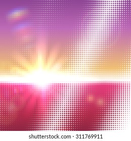 Vector halftone dotted mosaic with sun flares and bokeh