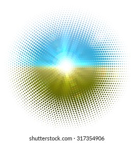 Vector halftone dotted mosaic with sun flares and bokeh