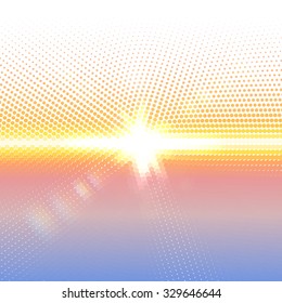 Vector halftone dotted mosaic with sun flares and bokeh