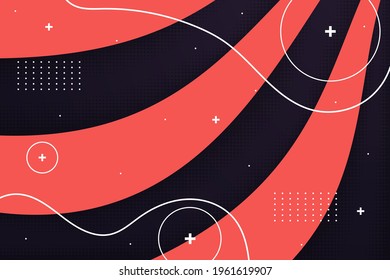 Efecto de semitono vectorial. Curve fondo abstracto vibrante. Los colores y texturas de estilo retro 80 combinan el rojo y el azul oscuro. El elemento Memphis utiliza colores blancos. 