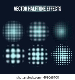 Vector halftone effects set. Light dots in circles isolated on dark background. Use in comics, presentations, marketing projects and other. Vector illustration