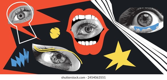 Elementos de semitonos de Vector para collage con diferentes ojos humanos. Un look aislado. Conjunto de collage de semitonos de moda. Boca, labios, ojos. Estilo grunge contemporáneo. Ilustración vectorial retro.