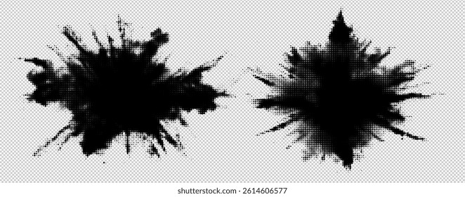 Vector Halftone Explosion Set with Sunburst Patterns and Abstract Dot Texture. Retro Grunge Design Elements for Vibrant Graphic Backgrounds and Collages.