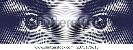 Vector halftone female eye illustration. Frontal closeup view of eyes made by dotted pattern.