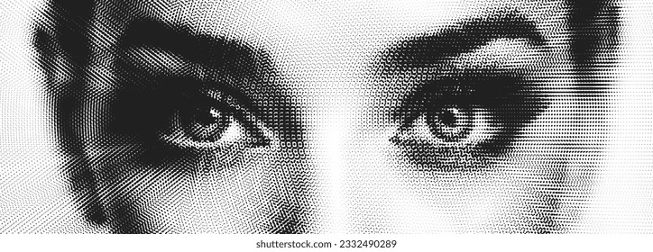 Vector halftone female eyes. Frontal view closeup of eyes made by dotted pattern.